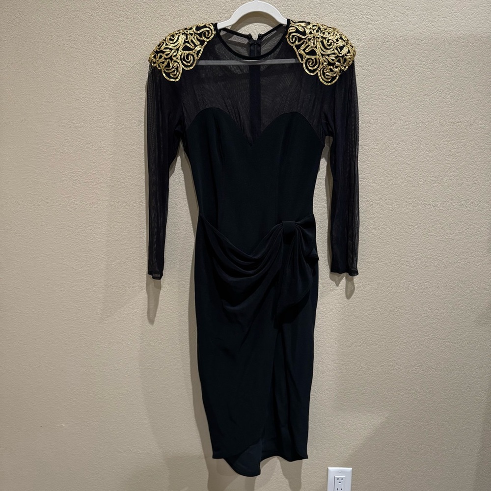 Vintage Betsy & Adam Black Mesh Gold Shoulder Bodycon Dress 11/12